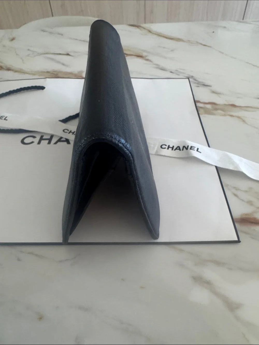 CHANEL Black Leather Bifold Wallet with Flap Pocket
